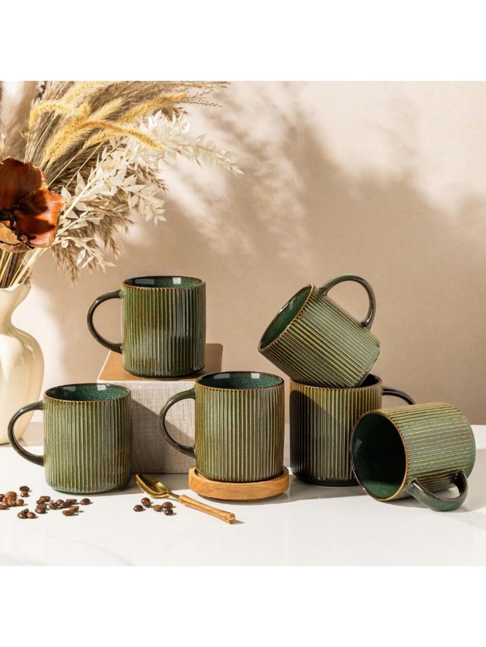 Set of 6 Sage Green Ceramic Coffee Mugs, 12oz Cups with Handle, Perfect for Home